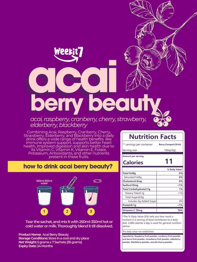 【Buy 3 Get 1】Weekit7 - Acai Berry Cleanse Organic Acai Berry Powder,Superfood Acai Berries Purple Powder Edible Dietary Supplement Fitness. Non-Gmo No Preservatives Beverage Mixed Healthcare Vitamin